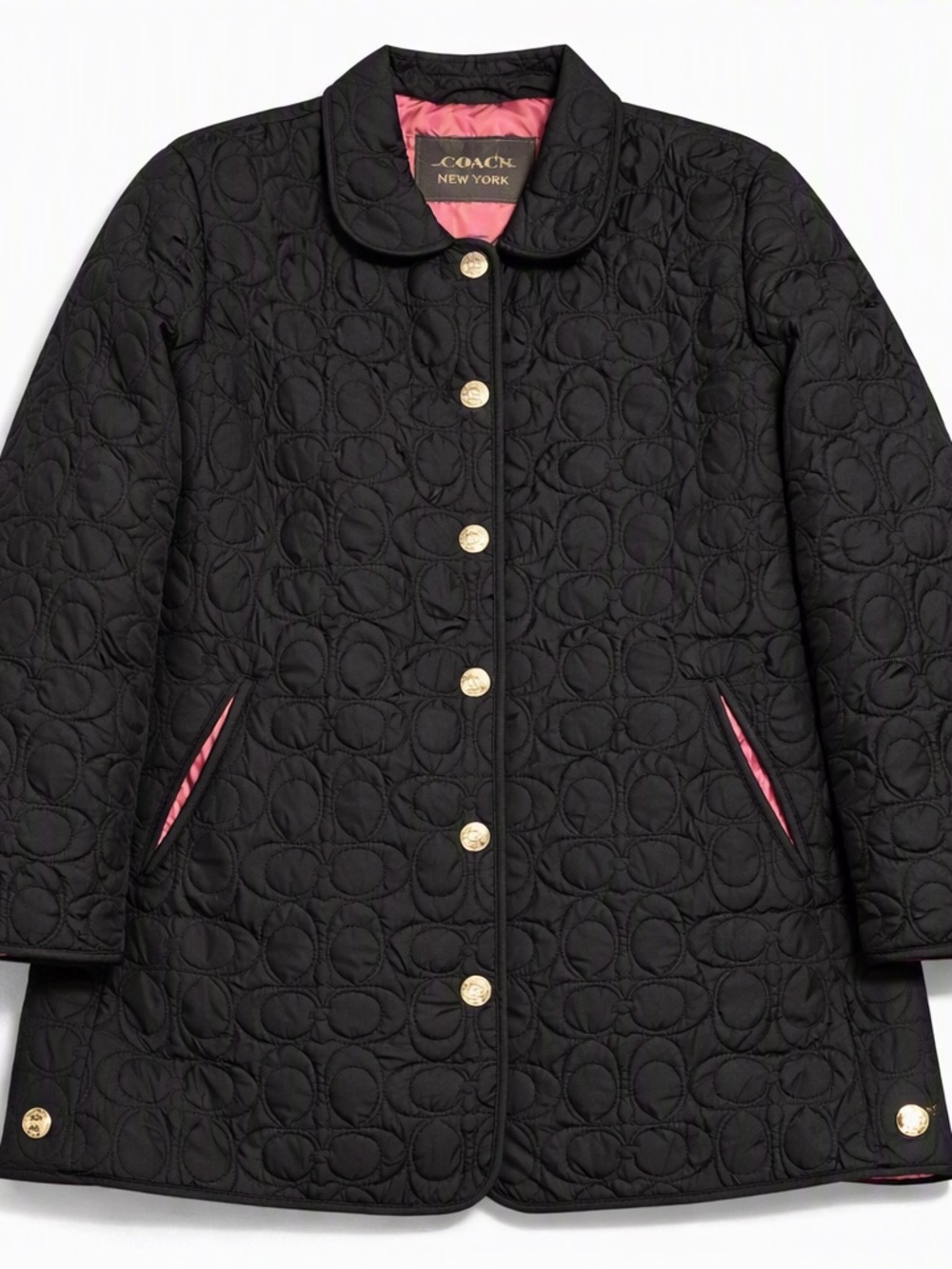 Coach Black Quilted Coat with Pink Lining & Gold Buttons